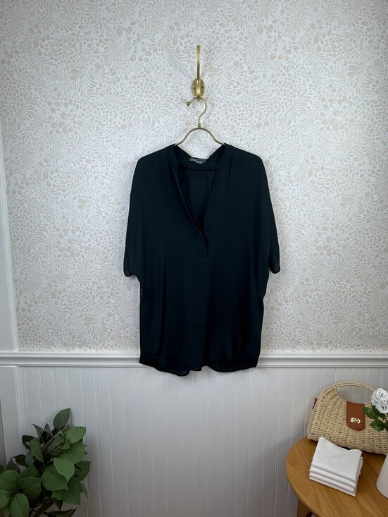 Vince Tops - Vince Teal Green 100% Silk Satin Band-Collar Tunic Blouse - Size - Medium